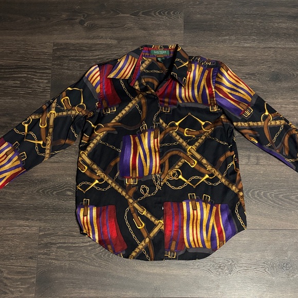 Lauren Ralph Lauren Tops - Lauren Ralph Lauren Black Multicolor Chain-Print Petite Woman’s Button Down